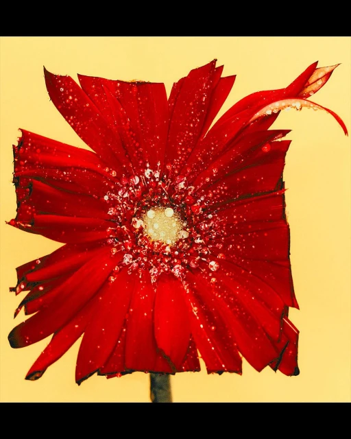Close-up shot of a vibrant red gerbera daisy with water droplets on its petals against a soft yellow background, showcasing floral beauty.