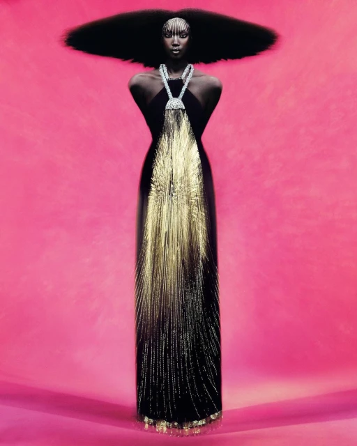 Fashion portrait of Black woman with large Afro hairstyle wearing a black and gold gown against a pink background in a studio.