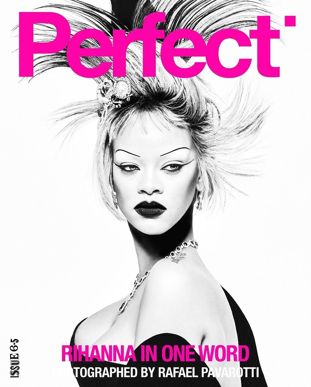 Magazine cover featuring Rihanna, with dramatic eye makeup and feather headpiece. Pink 'Perfect' text at the top against a bright white background.