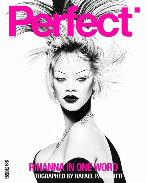 Magazine cover featuring Rihanna, with dramatic eye makeup and feather headpiece. Pink 'Perfect' text at the top against a bright white background.