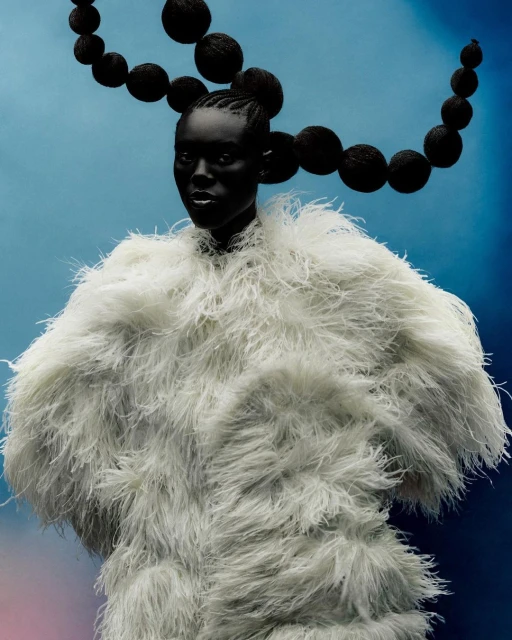 Fashion portrait of an adult female model with dark skin and braided hair, wearing a feathered coat with a blue gradient background.