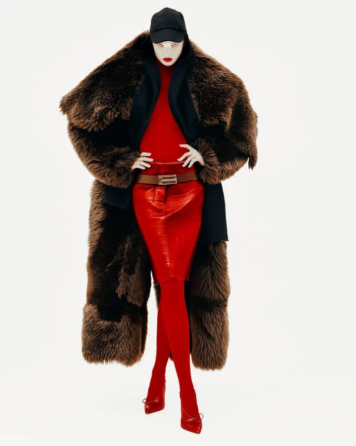 Woman in long brown fur coat, red turtleneck, and red leather skirt posing against a white background in studio lighting.