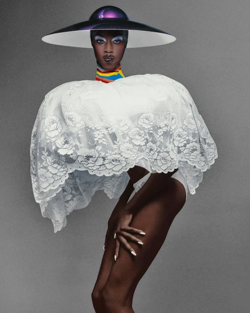 Dark-skinned woman with elaborate makeup, wide-brimmed hat, and flowing white lace fabric, strikes a pose in a studio setting against a gray background.