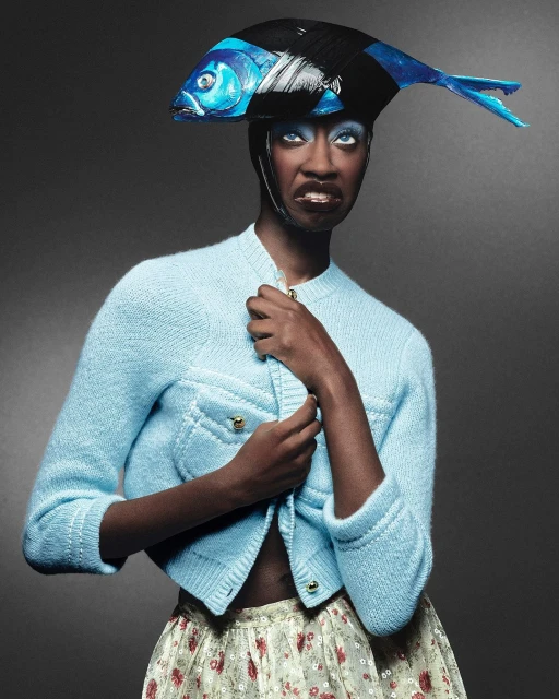 Dramatic studio portrait of a Black woman in a light blue sweater, wearing a whimsical hat shaped like a fish against a gray background.