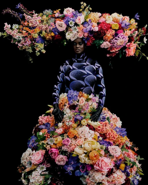 Woman in floral dress and headpiece against a black background. The vibrant floral arrangement is made of colorful roses and peonies.