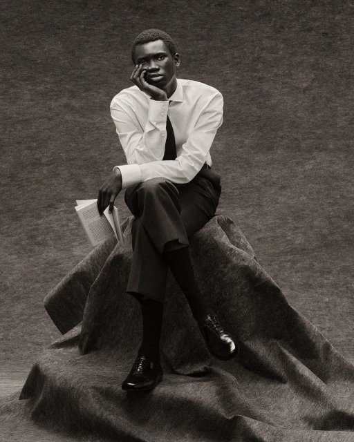 A single, dark-skinned man in a white shirt and tie sits contemplatively on a draped surface, holding a book in a monochrome studio portrait.