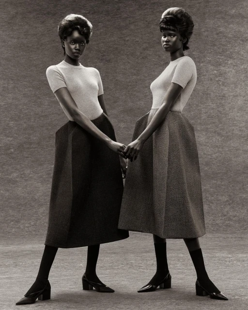 Two dark-skinned women stand in a studio holding hands. Both wear matching short-sleeve tops, midi skirts, stockings, and heels in a fashion setting.