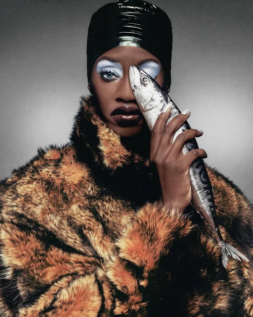 Portrait of an adult female with dark skin, wearing a fur coat and a black head covering, holding a fish to her face in a studio.