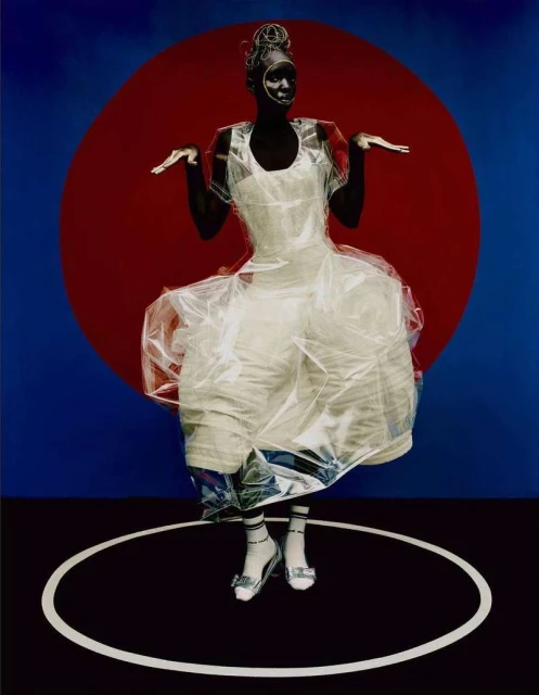 Elegant woman in a clear dress poses in front of a red circle and blue backdrop, standing on a black surface with a white circle.