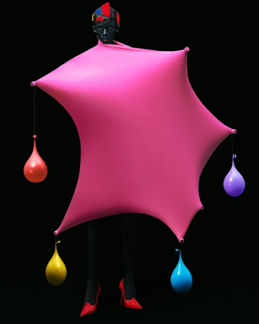 Black mannequin displays avant-garde fashion: a pink star-shaped dress with colorful balloon-shaped pendants, paired with red high heels.