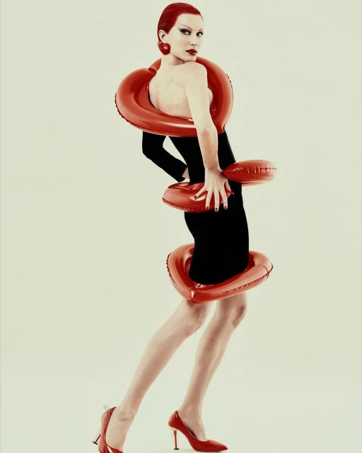 A model with red hair poses in a black dress adorned with red inflatable rings against a neutral background in a fashion editorial shot.