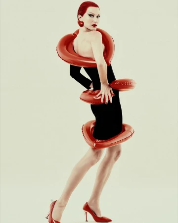 A model with red hair poses in a black dress adorned with red inflatable rings against a neutral background in a fashion editorial shot.