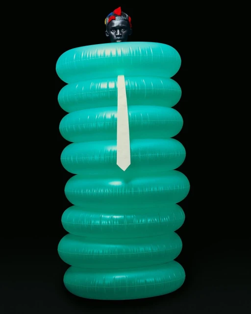 Striking studio shot of a person with face paint and colorful head wrap, wearing a stack of inflatable rings and tie against a black background.