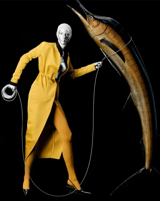 Woman in yellow coat poses with swordfish against black background in studio lighting, showcasing fashion and surreal composition.