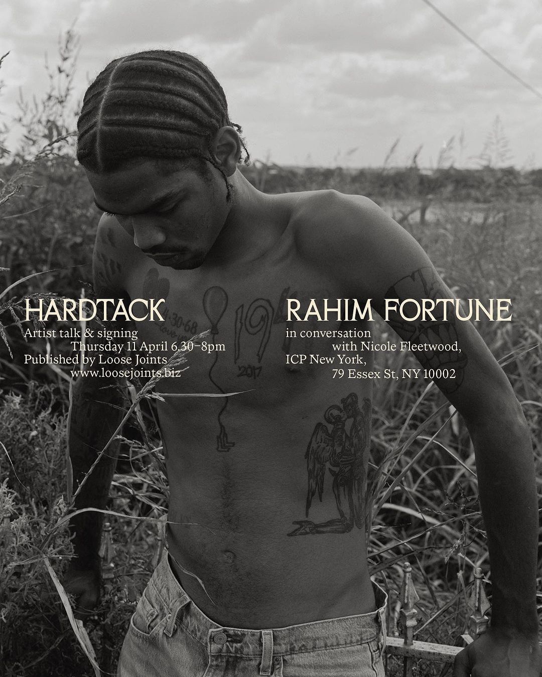 Monochrome portrait of a bare-chested man with braided hair and tattoos, standing in a field. Event details with artist's name overlayed.