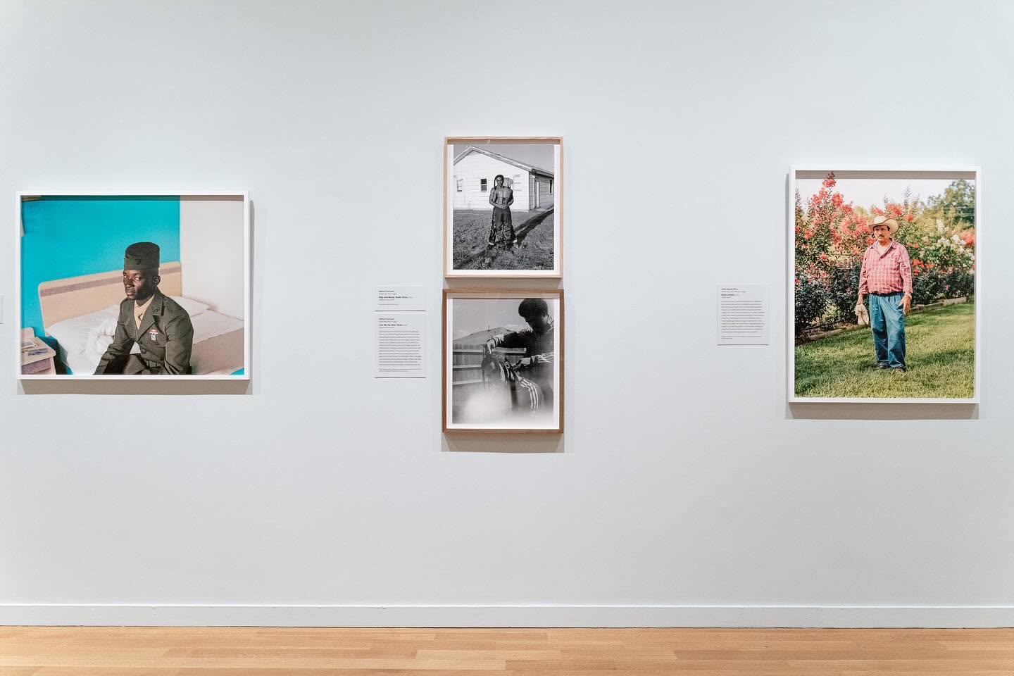 Art gallery wall featuring three framed photographs: an African American soldier, two black and white images, and an elderly man in a garden.