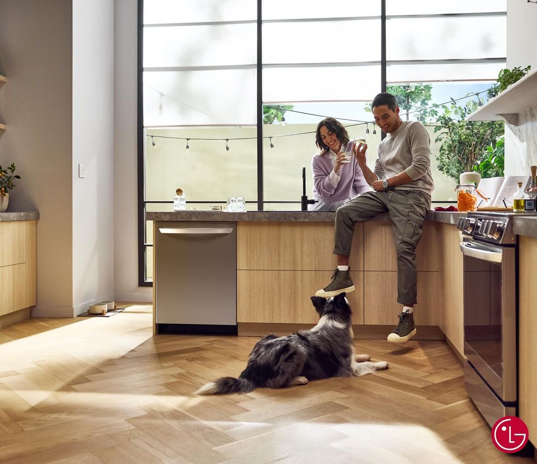 Cozy indoor kitchen scene with a couple relaxing near a dishwasher and range, while a border collie looks up attentively. Modern design.