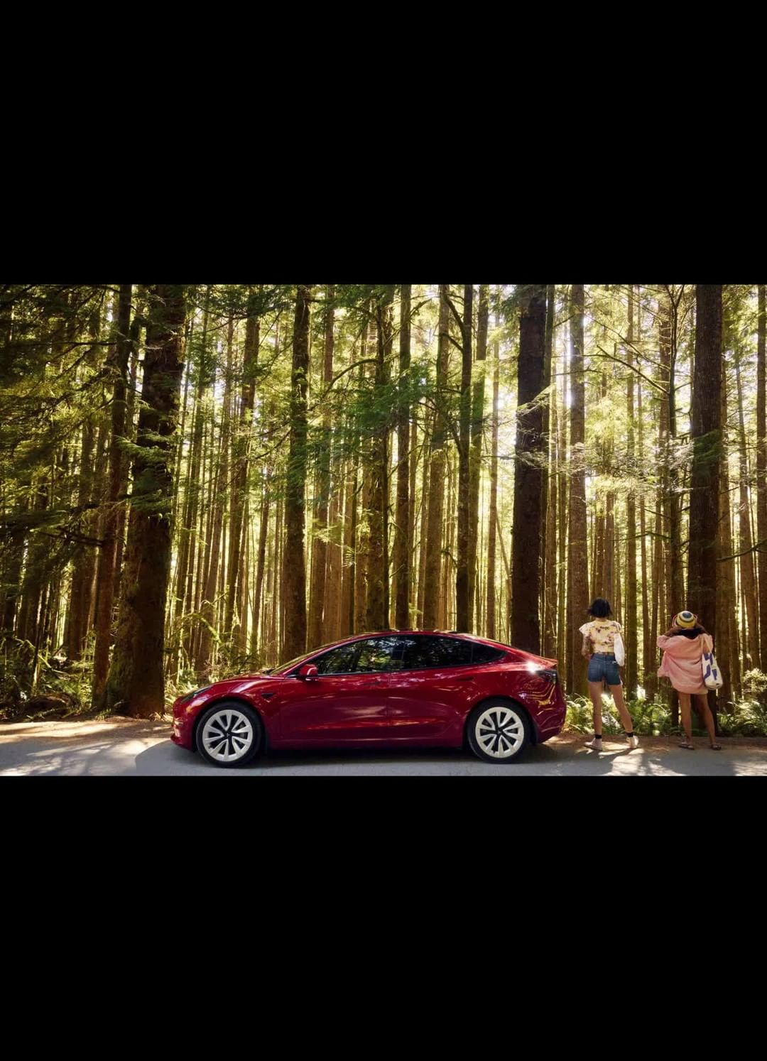 Maroon Tesla parked along side of the road, with two women standing on the side of the road looking at the car with tall pine trees.