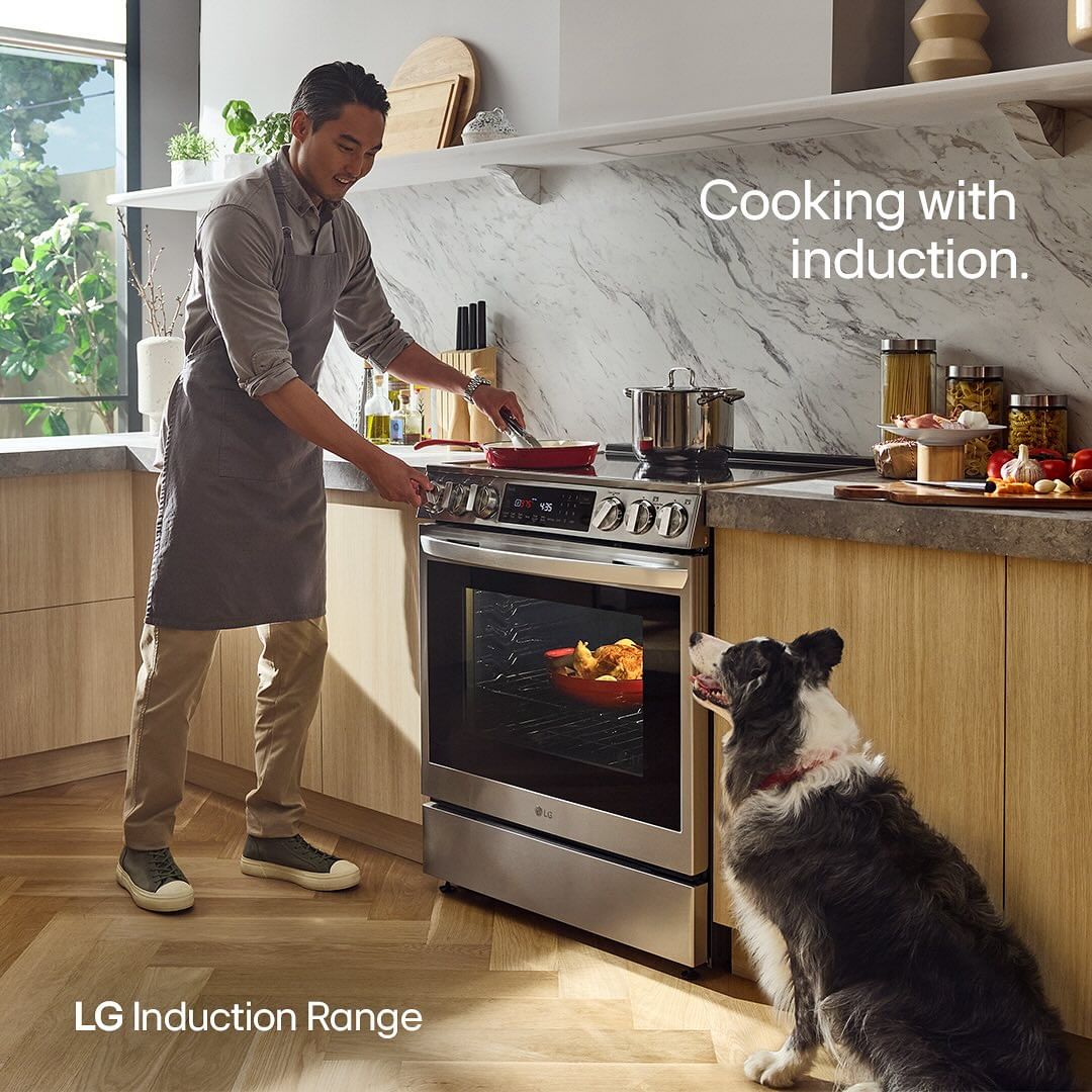 Asian man in a gray apron cooking food in a pan on an induction range while a Border Collie dog watches him in a kitchen.