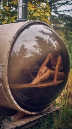 Woman seated inside a cylindrical wooden barrel sauna with a large round glass window showing forest reflections