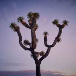 A solitary Joshua tree silhouette against a soft purple and pink dusk sky, captured from a low angle.