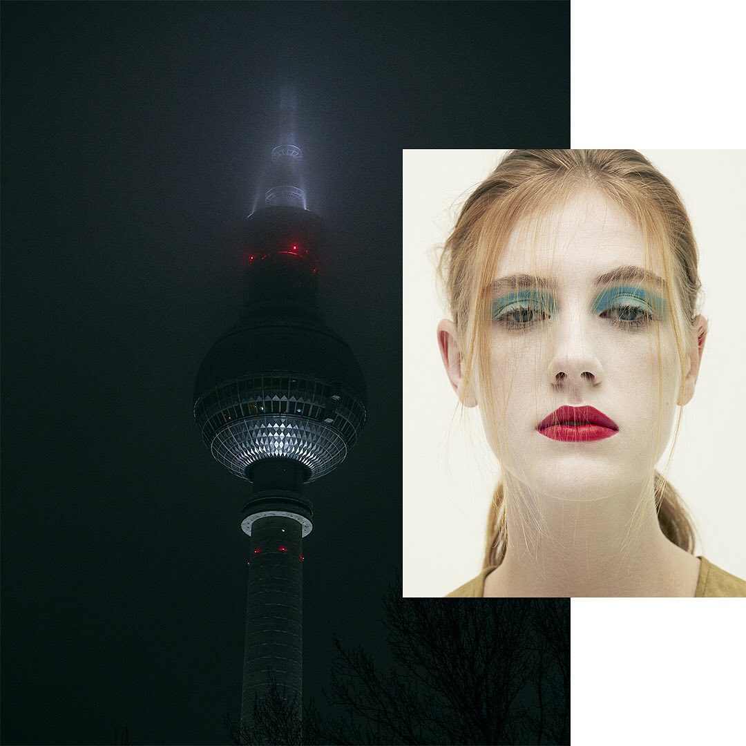 A composite image shows the Fernsehturm Berlin tower with a headshot of an adult woman wearing bright green eyeshadow and red lipstick.