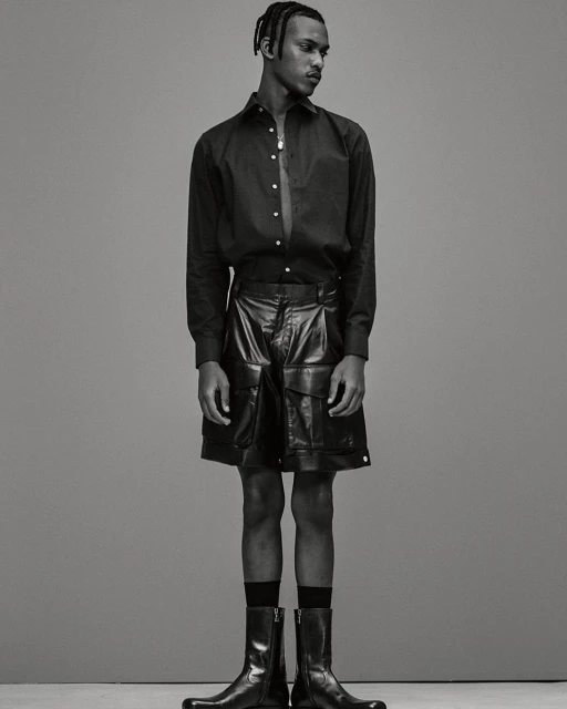 Portrait of a black male model in a black unbuttoned shirt and black leather shorts and boots, posing in a full shot against a grey background.