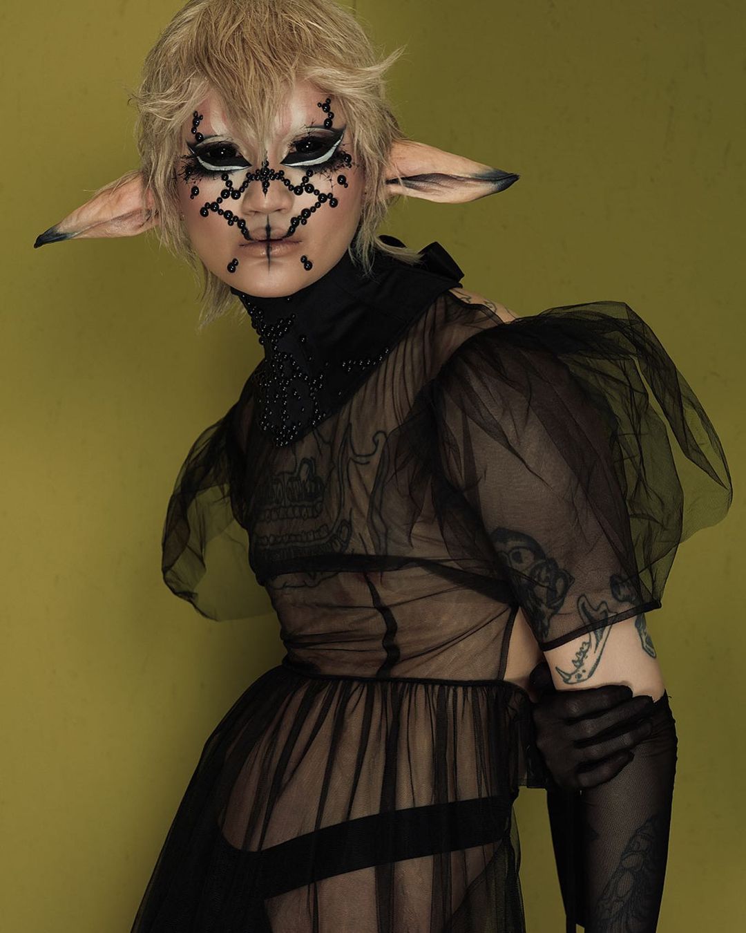 Portrait of a person with fantasy makeup and pointed ears, wearing a black sheer dress against a muted green backdrop. Artful studio shot.