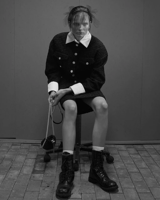A fashionably dressed woman poses on a stool against a neutral backdrop in a studio, wearing a skirt suit, pearls, and combat boots.