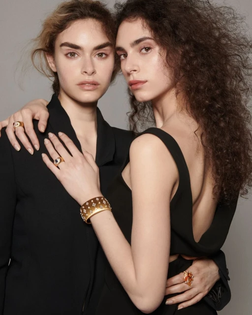 Two women pose in a studio, wearing black tops and gold jewelry, with one woman's arm around the other. The background is grey.