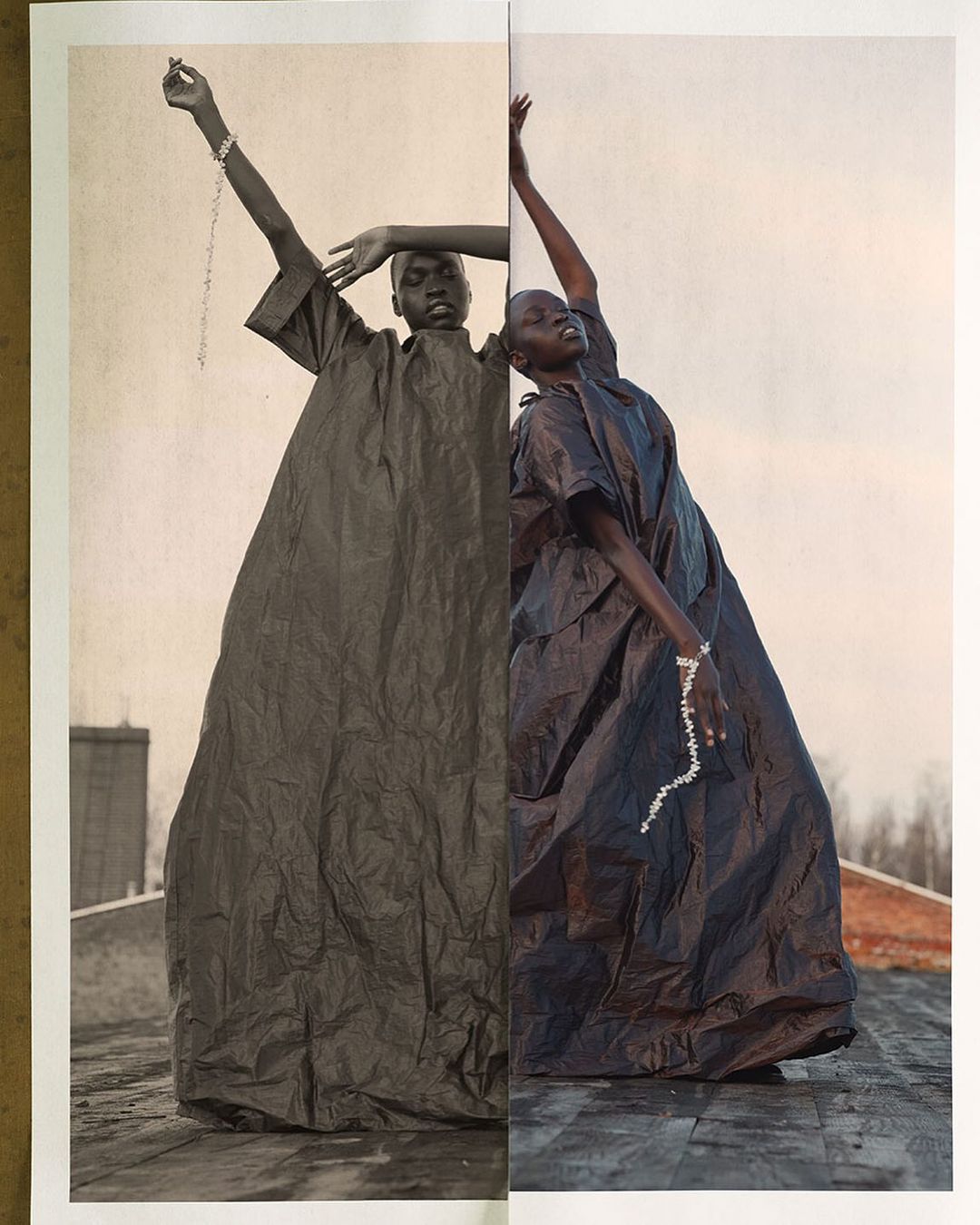 Two dark-skinned women in voluminous black dresses on a rooftop, one in sepia, one in color, arms raised, each with a beaded bracelet.