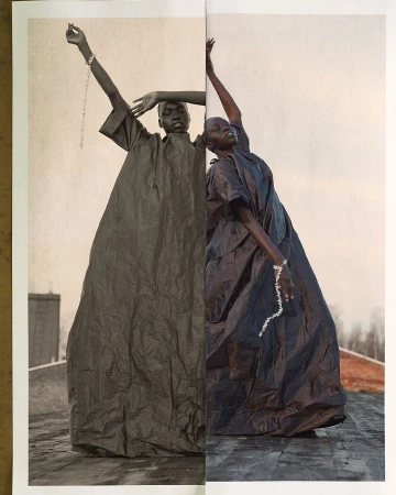 Two dark-skinned women in voluminous black dresses on a rooftop, one in sepia, one in color, arms raised, each with a beaded bracelet.