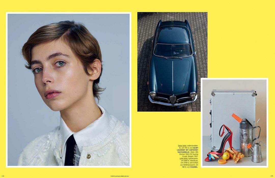 Fashion editorial shot featuring a woman, a vintage car, heels, and props against a yellow background in a magazine-style layout.