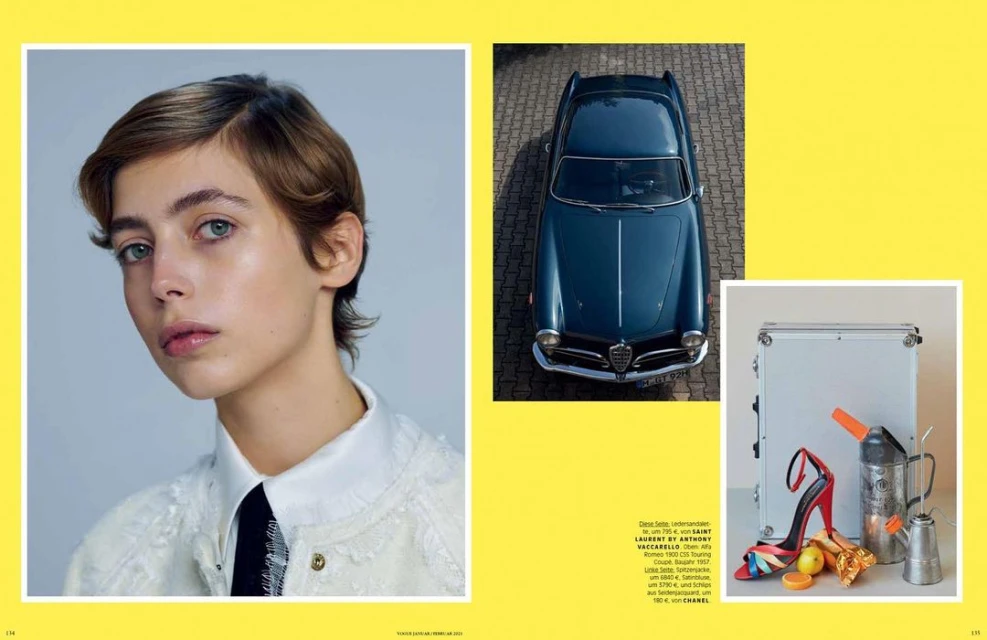 Fashion editorial shot featuring a woman, a vintage car, heels, and props against a yellow background in a magazine-style layout.