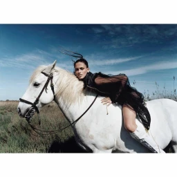 Woman in a sheer black dress lying on a white horse in an open field under a blue sky.