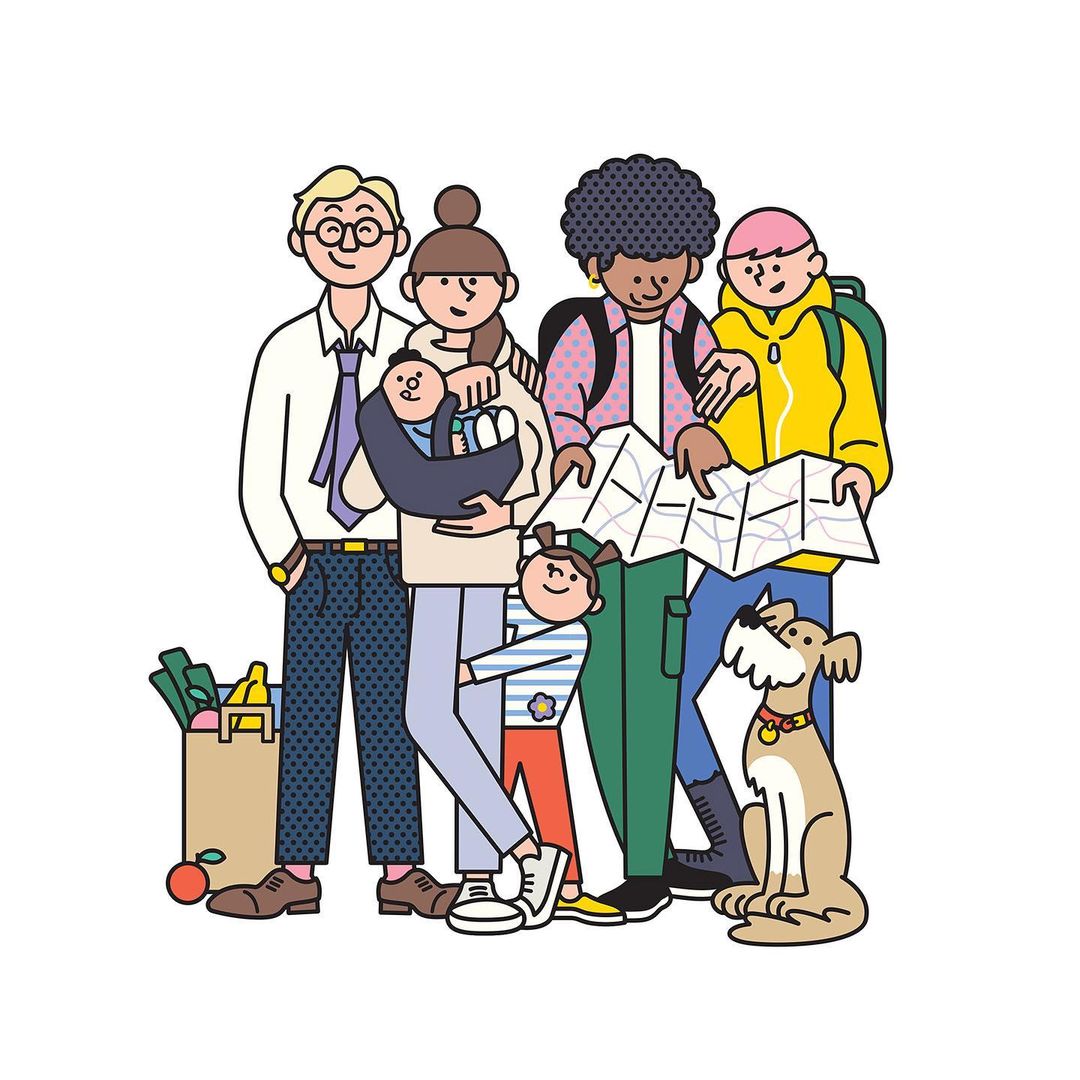 Illustration of a group of five people including a baby and a dog with a bag of groceries, looking at a map in an indoor setting.