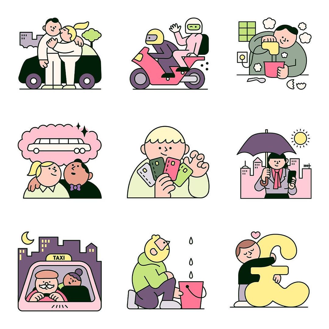 Illustration features various scenes: couple by car, motorcycle ride, person cleaning, limo dream, phone case options, city walk, taxi ride, leak fix, and hugging pound sign.