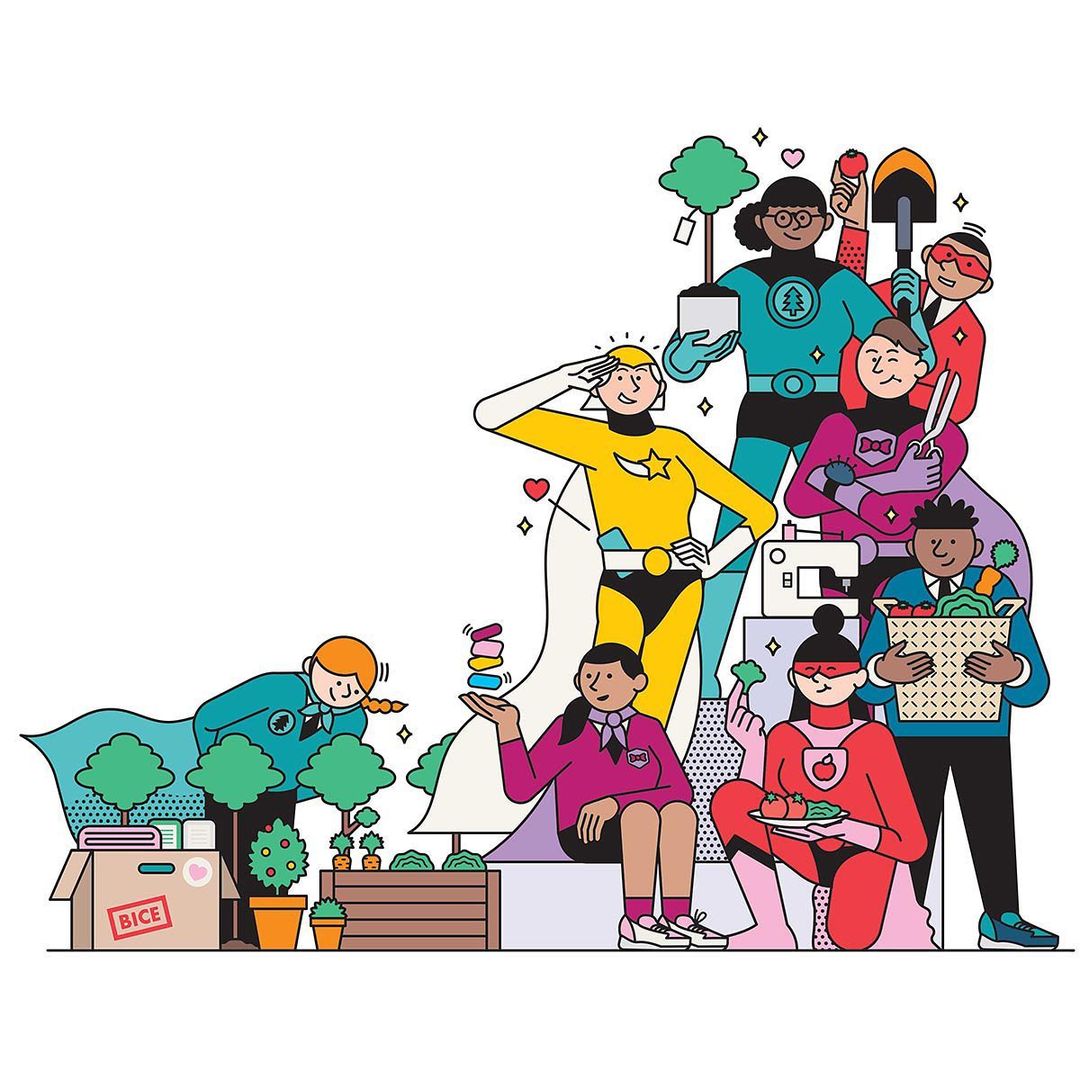 Illustration of a group of diverse people dressed as superheroes, surrounding gardening tools, plants, and vegetables.