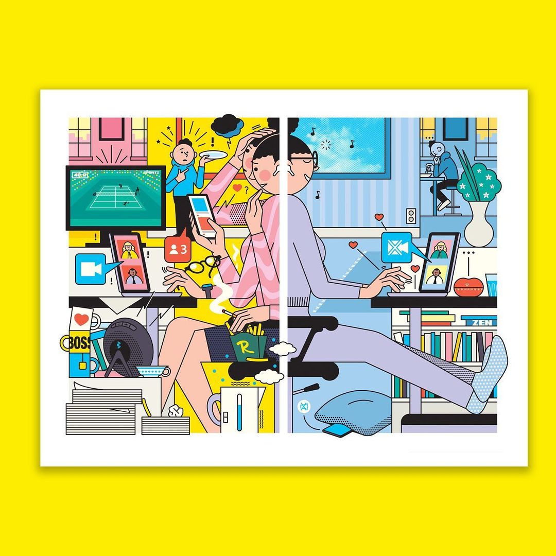 Illustration showing split screen with a woman working from home on the left and a minimalist zen office on the right.