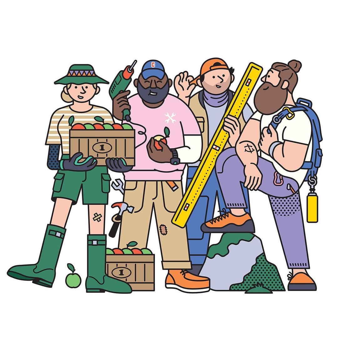 Illustration of diverse construction workers and farmers with tools, apples and rock against a white background in a vector art style.