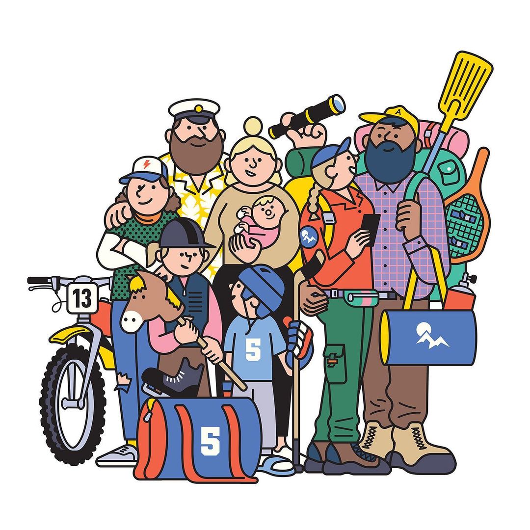 Illustrated group of diverse people with outdoor recreation equipment and a motorcycle on a white background in a cartoon style.