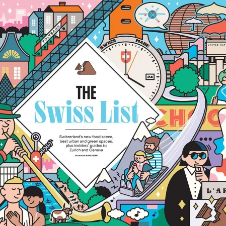 Colorful travel illustration features Swiss landmarks, people enjoying leisure activities, and iconic Swiss symbols in a flat design.