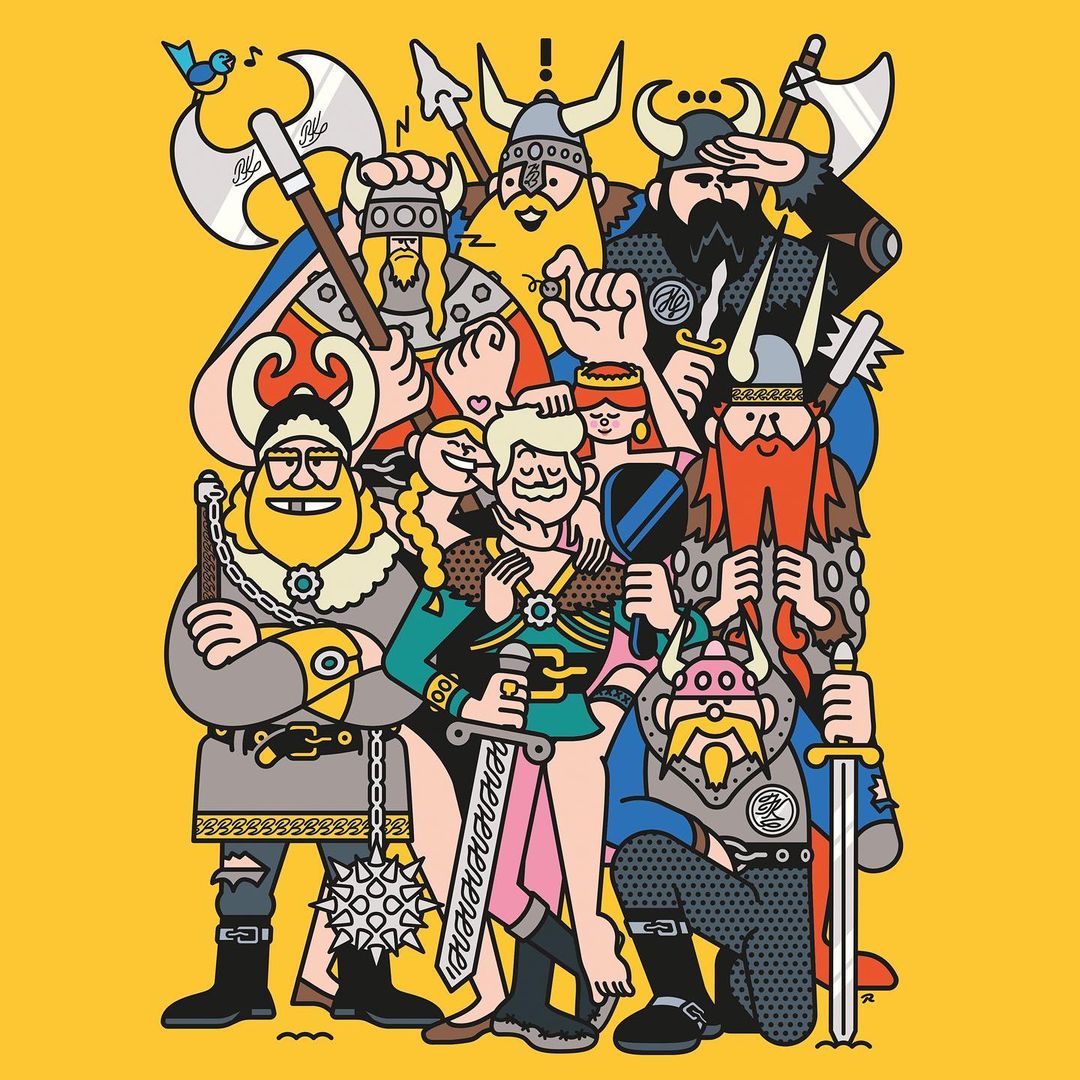 Cartoon image featuring a group of diverse cartoon Viking characters in colorful outfits against a solid yellow background, illustration style.