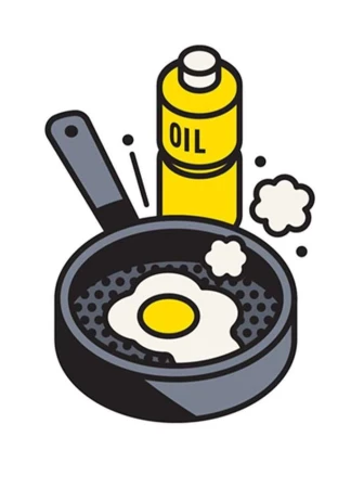 Illustration of a fried egg in a pan with a bottle of oil on a white background. Cartoon-style rendering of the cooking scene.