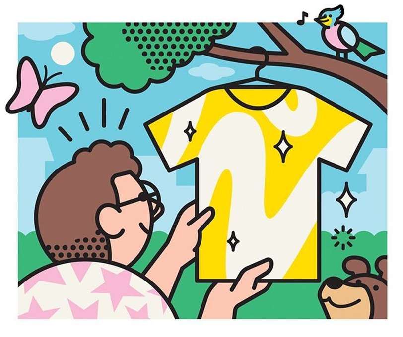 Illustration of adult looking at yellow and white t-shirt, bird in a tree, and a butterfly with bright blue sky background.