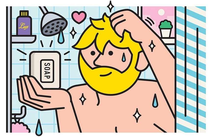 Illustrated man with blond hair and beard in shower, holding soap; shower head, toiletries, blue striped curtains in background.