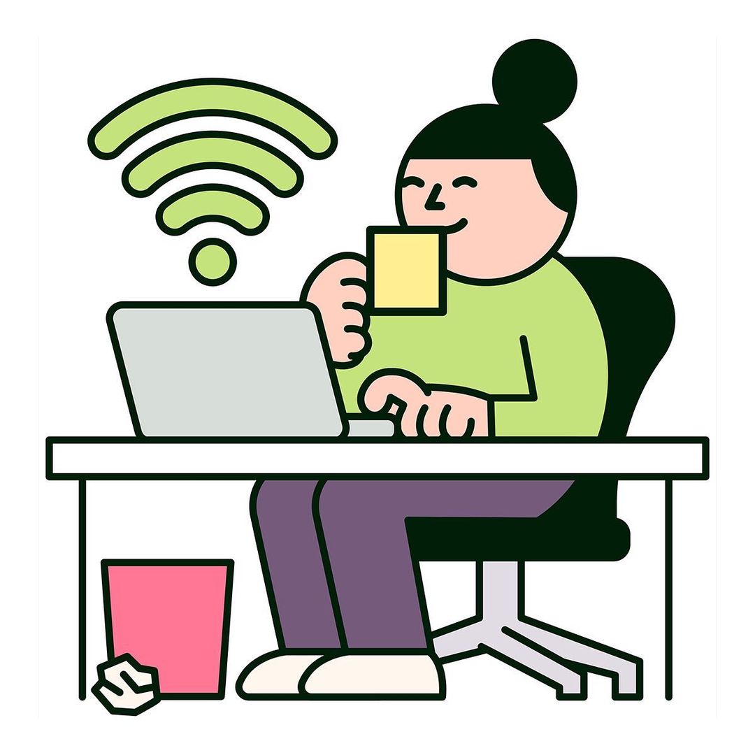 Illustration of a woman working at a desk with a laptop, drinking from a yellow cup with a wifi symbol above the computer.