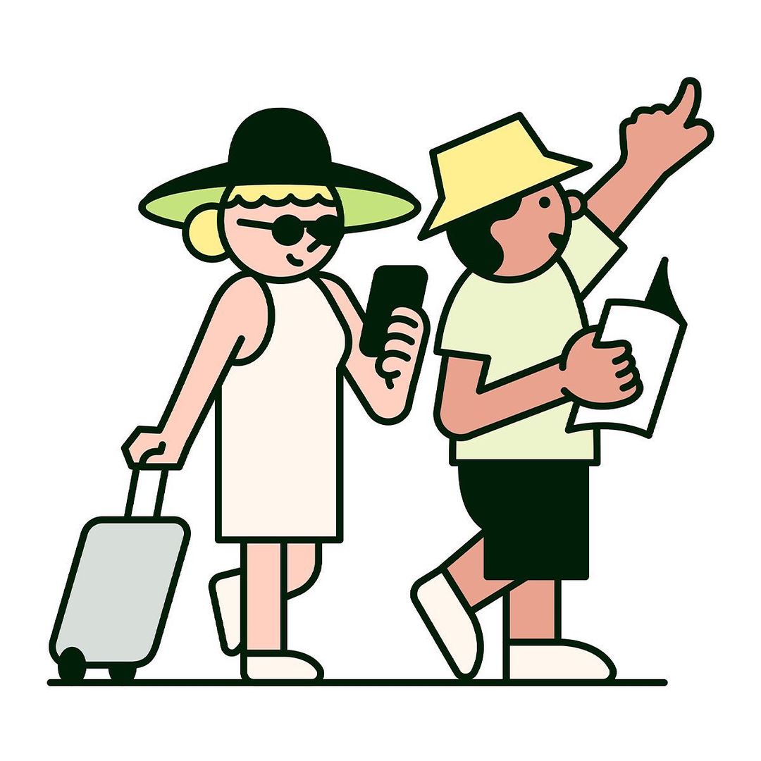Illustration of two cartoon travelers with luggage and map on white background. Woman using mobile phone, man points to the distance.