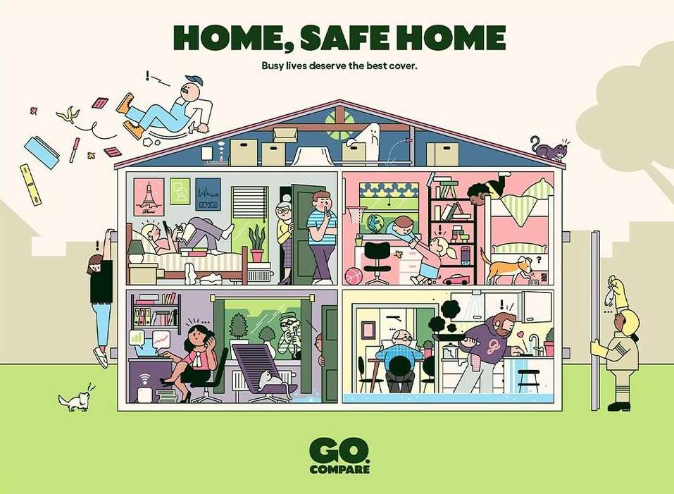 Illustration of a cross-section of a house showcasing various activities of daily life in a cartoon style on a light green background.