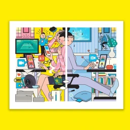 Colorful illustration by Rami Niemi showing two split-screen home office scenes with working figures surrounded by digital devices.